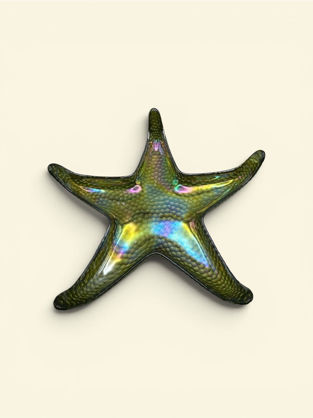 Large Iridescent Green Glass Starfish Bowl Coastal Beach Decorative Dish Tray